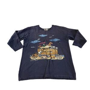 Vtg Y2K 2000s Blue Noah's Ark Print Pullover Sweatshirt Plus Sz 1X Cottagecore